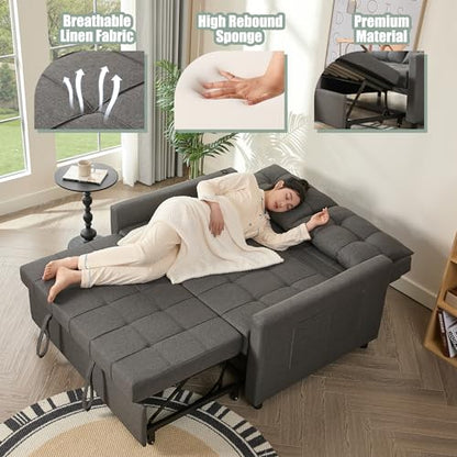 GOSUHI 52" 3-in-1 Convertible Sleeper Sofa Bed, Linen, Dark Gray | Pull-Out Bed, Stepless Adjustable Backrest, Side Pocket, Compact Loveseat, Living Room, Dorm & Apartment - color: Dark Gray