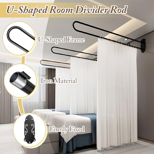 Privacy Partition Curtains, U Shaped Rod with Hook, 6.56ft | Room Divider for Fitting Room Beauty Salon Bedroom Hospital SPA - color: White