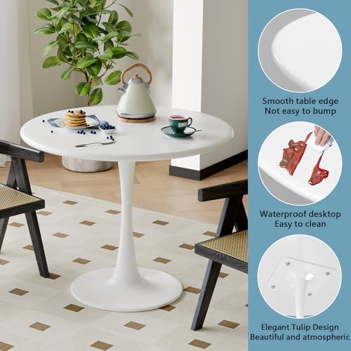 Recximi White Round Dining Table for 2 Person, 24 Inch Small Tulip Table with Metal Pedestal for Living Room, Mid Century Modern Kitchen Table for Kitchen, Office, Pub, Bar, Bistro, Circle Cafe Tables - color: White