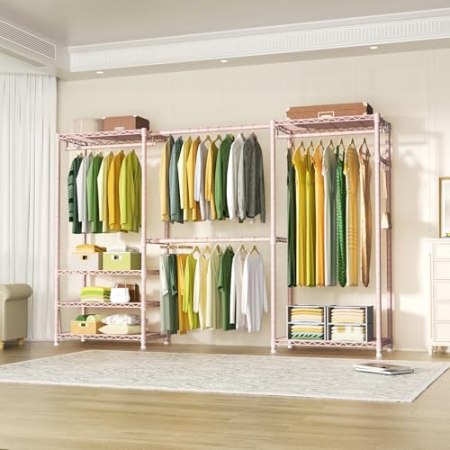 E1 Heavy Duty Closet Garment Rack, 6 Tiers Expandable Clothing Storage | Pink Adjustable Metal Freestanding Clothes Rack with 4 Hanger Rods, Easy-to-Assemble Wardrobe - color: Pink