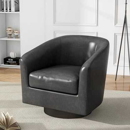 Swivel Accent Chair, PU Leather Upholstered Barrel Club Chair, Black | Modern Round Armchair | Comfy Reading Seat with Removable Cushion | For Living Room, Bedroom, Office - color: Black