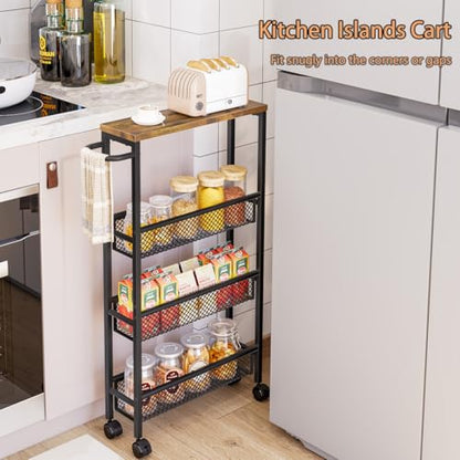 Slim Rolling Cart 4 Tier Narrow Storage Cart on Wheels with Handle | Lockable Wheels, Wood Top Panel, Metal Frame Utility Carts for Kitchen, Dining, Living, Home Office, Laundry Room - size: 16.54 x 5.12 x 30.31 inch