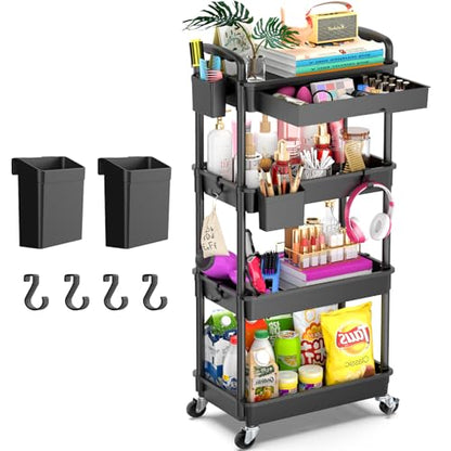 Goovilla 4 Tier Rolling Utility Cart Organizer with Removable Drawer, Black | Stable and Sturdy Rolling Storage Carts with 2 Lockable Wheels for Bathroom, Kitchen, Snack, Craft, Makeup, Baby Essentials - size: 4 Tier, style: Black