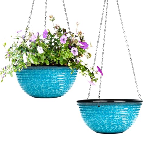 10Inch Hanging Planters Outdoor Indoor, Glazed Hanging Basket with Drainage | Ceramic-Look Hanging Flower Pots with Chain Plant Hangers, Snowflake Blue - color: Snowflake Blue, size: 10inch