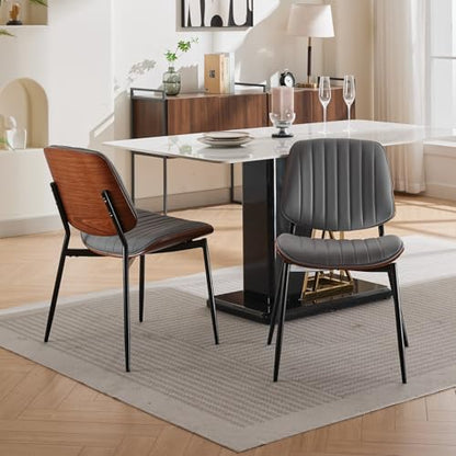 Dining Chairs Set of 2, Mid-Century Modern Upholstered PU Leather Chairs | with Walnut Bentwood Back and Metal Legs Adjustable Feet for Kitchen Dining Living Room, Gray Vertical Stripes - color: Gray Vertical Stripes