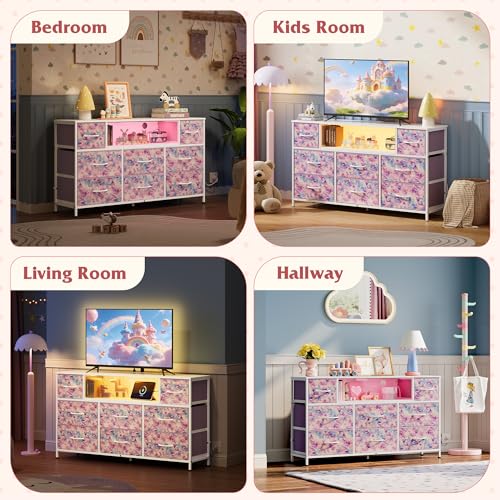 WLIVE LED Dresser TV Stand for 55 Inch TV, 8 Drawers, Tie-Dye | Fits TVs up to 55 inch, 8 fabric drawers, LED chest of drawers, Built-in power outlet, Living room or bedroom - color: Tie-dye Purple Print