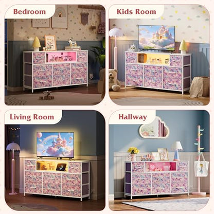 WLIVE LED Dresser TV Stand for 55 Inch TV, 8 Drawers, Tie-Dye | Fits TVs up to 55 inch, 8 fabric drawers, LED chest of drawers, Built-in power outlet, Living room or bedroom - color: Tie-dye Purple Print
