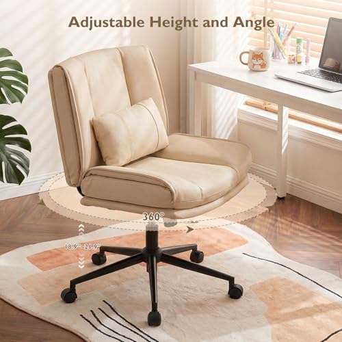 Armless Criss Cross Office Chair with Wheels,PU Leather Beige | 5.5" Double Layers Thickened Seat Cushion and Backrest,Lumbar Pillow,Swivel Chair,Wide Comfortable Cross Legged,320LBS - color: Beige