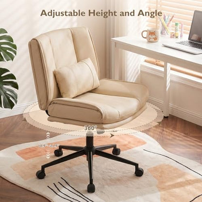 Armless Criss Cross Office Chair with Wheels,PU Leather Beige | 5.5" Double Layers Thickened Seat Cushion and Backrest,Lumbar Pillow,Swivel Chair,Wide Comfortable Cross Legged,320LBS - color: Beige