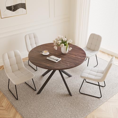HIPIHOM 45.3 Inch Round Dining Table Set for 4, Mid Century Modern Small Coffee Set for Dining Room Kitchen Apartment (Dark Walnut Table + 4 U-Shaped White Chairs) - color: Walnut Table+4 U-shaped White Chairs
