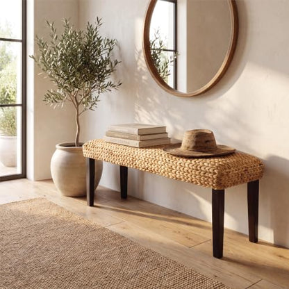 Solid Acacia Wood Entryway Bench with Water Hyacinth Woven Seat, Black Leg | Wicker Bench Indoor for Hallway, End of Bed, Rustic Farmhouse Boho Modern - color: Fishbone - Black Leg & Water Hyacinth