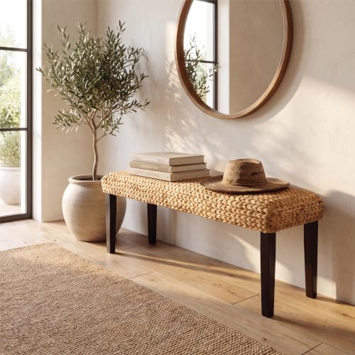 Solid Acacia Wood Entryway Bench with Water Hyacinth Woven Seat, Black Leg | Wicker Bench Indoor for Hallway, End of Bed, Rustic Farmhouse Boho Modern - color: Fishbone - Black Leg & Water Hyacinth