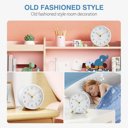 Back to School Silent Analog Quartz Alarm Clock for Kids Bedroom,Night Light, Battery Operated, Fashionable Round Metal - color: White