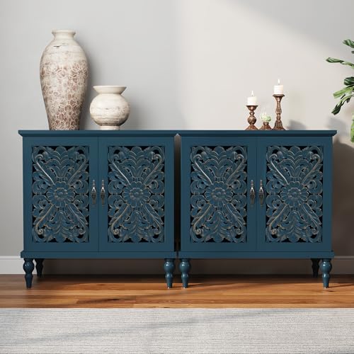 ARTPOWER Accent Cabinet with 2 Doors, Vintage Carved Wood Credenza Set of 2 | Hand Painted Carved Door Sideboard & Buffet Cabinet, Wood Storage Cabinet for Kitchen, Dining Room, Entryway, Hallway - color: Antique Blue, size: 2 Piece