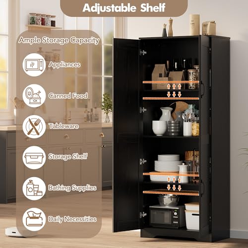 Garvee Tall Pantry Cabinet, 60" Kitchen Storage Cabinet with 2 Doors & Adjustable Shelves, Freestanding Wooden Cupboard for Bathroom，Dining Room, Living Room, Black | Kitchen Storage Cabinet with 2 Doors & Adjustable Shelves, Wooden Cupboard for Bathroom，