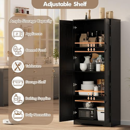 Garvee Tall Pantry Cabinet, 60" Kitchen Storage Cabinet with 2 Doors & Adjustable Shelves, Freestanding Wooden Cupboard for Bathroom，Dining Room, Living Room, Black | Kitchen Storage Cabinet with 2 Doors & Adjustable Shelves, Wooden Cupboard for Bathroom，