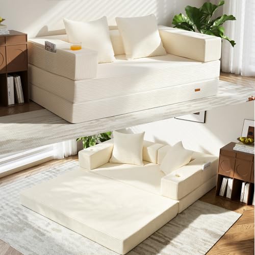 COMAX Futon Sofa Bed, Convertible Sofa Bed, Folding Boneless Couches | Low-Profile Boneless Couch for Living Room, 11.8" H Low Seat Small 59" Foldable Floor Sleeper Mattress Lounge Space‑Saving - color: Ivory, size: 59"