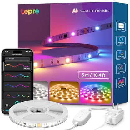 Lepro S2 AI Smart LED Strip Lights 16.4FT RGB+CCT WiFi Bluetooth for Room | 2700K-5700K tunable white,AI lighting designer,Rainbow chasing effects,Music sync,Color segment control,Smart scenes,Bedroom - size: 16.4ft