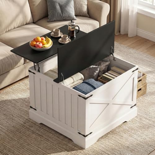 Giantex Farmhouse Lift Top Coffee Table, 31.5" Square Wood Center Table with Large Hidden Storage Compartment & Hinged Lift Top, Accent Cocktail Tea Table, Rustic Living Room Tables (Black) - color: Black