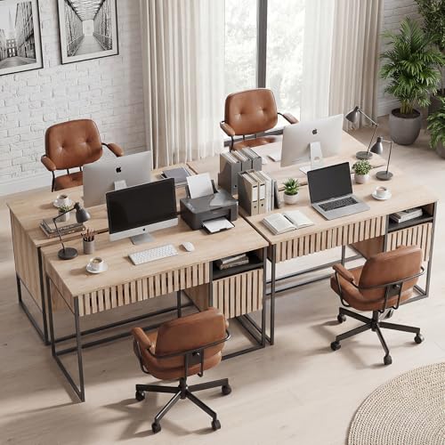 Small Home Office Desk, 46.5" Fluted Writing Desk with 2 Drawers | Compact desk with storage cabinet for bedroom small spaces, dressing table console table, Black and Oak