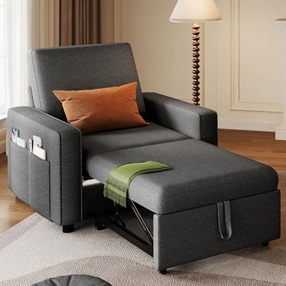 YITAHOME Convertible Sofa Chair Bed | 3-in-1 Sleeper Sofa with Pull-Out Bed, Linen Fabric Single Sleeper Chair with Reclining Backrest and Wide Armrest, Modern - color: Grey, size: 74.8 x 35.8in