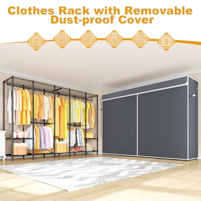 H50C Clothes Rack with Cover, Large Covered Clothing Rack, Gray | Freestanding Portable Closets for Hanging Clothes, Heavy Duty Garment Racks with Shelves, 91.3 Inches Wide, Max Load 1350 Lbs - color: Black Rack with Gray Cover