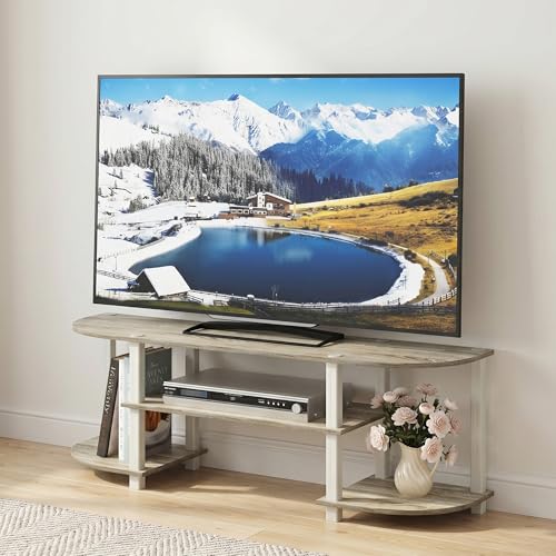 3-Tier Entertainment Center for TV up to 55 Inch, TV Console with RounDecorner and Open Shelves, TV Stand, for Bedroom, Living Room, Sonoma Oak - color: Sonoma Oak/White, size: Fit TV up to 55 in