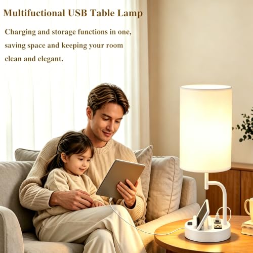 Dreamholder 2 Pack Table Lamp, Bedside Lamp with 3 USB Charging Ports & AC Outlet, USB Desk Lamp with 2 Phone Holders, Linen Fabric Shade Nightstand Lamps for Bedroom Living Room Office, White - color: White