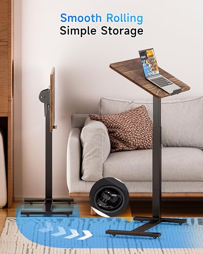 BIZUM Mobile Standing Desk Laptop Desk Pneumatic with Wheels 180° Tilt Top Hospital Bed Table Portable Rolling Cart Foldable Bedside Table for Hospital&Home Use, Walnut - color: Walnut