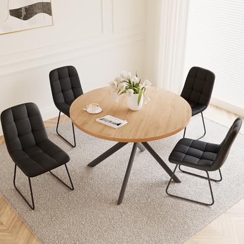 HIPIHOM 45.3 Inch Round Dining Table Set for 4, Mid Century Modern Small Kitchen Coffee Set for Dining Room Kitchen Apartment (Oak Table + 4 U-Shaped Black Chairs) - color: Oak Table+4 U-shaped Black Chairs