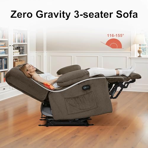 MCombo 82 in 3 Seater Reclining Sofa with Heat and Massage PR647 (Brown) | 155° Zero Gravity, Reclining Middle Seat, Dual Charging Ports, Cup Holders, FSC & OEKO Certified - color: Dark Brown, size: 3 Seater Recliner with Zero Gravity