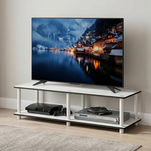 2-Tier Wide Entertainment Center with Open Shelf, No Tools TV Console for TV up to 46 Inch with Tubes, TV Stand, for Bedroom, Living Room, White - color: White/White, size: 2 Tier, Wide