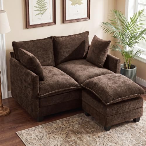 50" Love Seat with Ottoman, Small L Shape Cloud Sofa Couch, 2-Layer Cushion & 27" Deep Seat, 2 Pillows for Small Spaces, Bedroom, Apartment, Office, Living Room, Brown - color: Brown, size: Loveseat with Ottoman