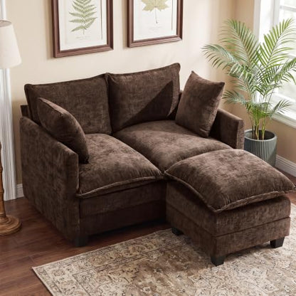 50" Love Seat with Ottoman, Small L Shape Cloud Sofa Couch, 2-Layer Cushion & 27" Deep Seat, 2 Pillows for Small Spaces, Bedroom, Apartment, Office, Living Room, Brown - color: Brown, size: Loveseat with Ottoman