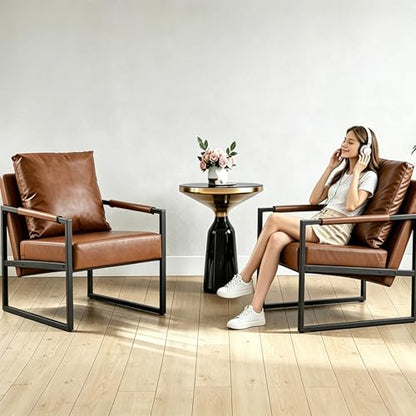 Modern PU Leather Accent Chair, Industrial Waterproof Armchair with Thick High-Density Foam Cushion, Sturdy Metal Frame 300lbs Capacity, Compact Reading Lounge Chair for Living Room Bedroom Office