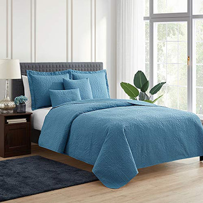 Clara Clark Quilts Twin Size - All Season Bedspread Coverlet Set, Pinsonic Weave Lightweight Bedding Set - 5 Piece Twin Quilt Set with Pillow Shams, Grid - Blue Heaven - color: 09 - Grid - Blue Heaven, size: Twin