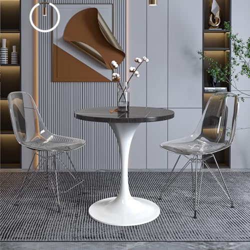 LeisureMod Verve Modern Dining Table 27" Round Sintered Stone Tabletop and White Stainless Steel Pedestal Base for Kitchen and Dining Room, Black - color: Black Stone, size: 27 inch Wide
