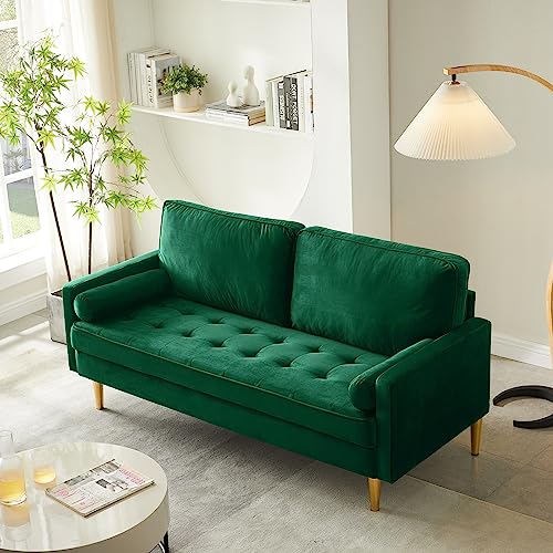 67" Mid Century Modern Loveseat Sofa, Tufted Love Seat Couch | Velvet Comfy Couch for Living Room, Gold Legs, Thick Cushions, 2 Seater Sofa 2 Pillows for Apartments, Bedrooms, Offices - color: 67"-green