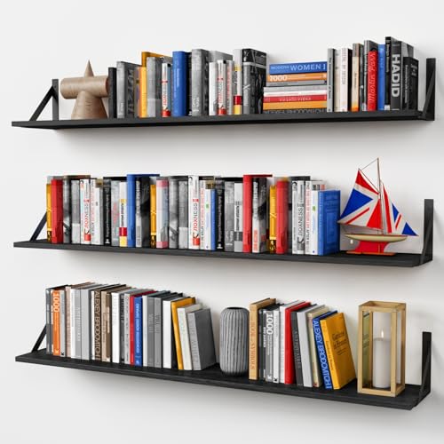 Forbena 48 Inch Long Floating Book Shelves for Wall Set of 3, Black Wall Bookshelves for Living Room, Large Heavy Duty Wood Wall Mounted Hanging Bookshelf for Bedroom Office Library Classroom - color: Black, size: 48“ x 8” Wall Shelf