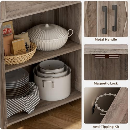 Homhedy Coffee Bar Storage Cabinet with Drawers, Kitchen Buffet Cabinet | Sideboard Cabinet with Doors, Farmhouse Buffet Cabinet, Adjustable Shelves, for Kitchen / Dining / Living Room, Greige - color: Greige