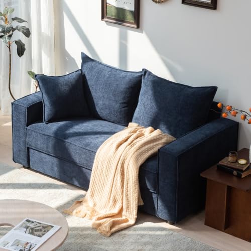 YUHUASHI Linen Fabric Loveseat Sofa, Modern Upholstered 2-Seater Couch with Square Arms and Throw Pillow, Sturdy Small Space Sofa Furniture for Living Room Bedroom Apartment (Blue, 65 Inch W) - color: Blue, size: 65 Inch W