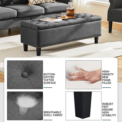 Yaheetech 49in Square Storage Ottoman Coffee Table with Nailhead, Dark Gray | Button-Tufted Linen-Look Fabric Bench, 3.5C Storage Space, Wood Legs, Metal Hinges, for Bedroom Foot of Bed Living Room - size: 17.5"D x 49"W x 18"H