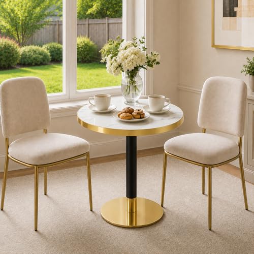 TesNus 23.6" Small Round Dining Table for 2, Circle Tulip Table, Faux Marble Top with Gold Metal Pedestal Base, Modern Leisure Coffee Table for Small Spaces, Cafe, Office, White&Gold - color: White Top&black Leg&gold Base