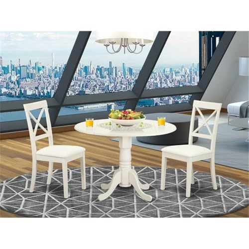 East West Furniture DLBO3-LWH-LC 3 Piece Modern Dining Table Set Contains a Round Wooden Table with Dropleaf and 2 Faux Leather Kitchen Dining Chairs, 42x42 Inch, Linen White - color: Dlbo3-lwh-lc, size: Table + 2 Chairs