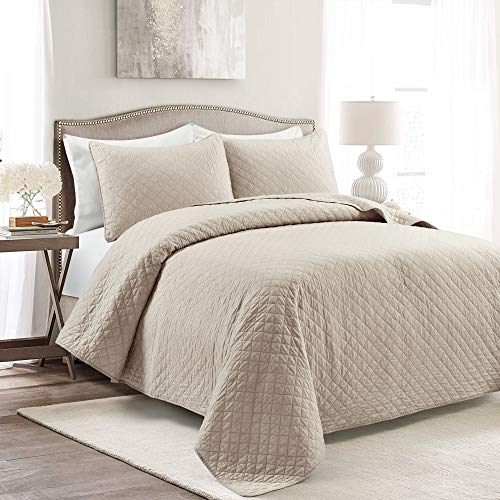 Lush Decor Ava Quilt Diamond Pattern Solid 3 Piece Oversized Bedding Blanket Bedspread Set - King - Neutral - color: Neutral, size: King