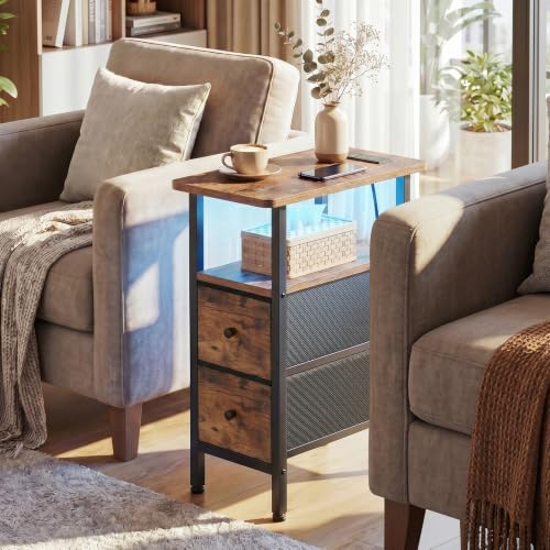 Narrow End Table with Charging Station, Small Nightstand | Skinny Side Tables Living Room with 2 Fabric Drawers, Bedside Table with LED Lights for Bedroom, Small Spaces, Rustic Brown - color: Rustic Brown + Black, size: 23.22''H (2 Drawers), style: Power