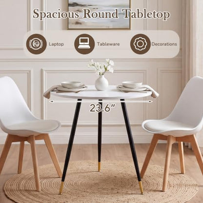 Round Dining Table, 23.6" Kitchen Dining Table with Thickened Tabletop and Metal Pedestal,Mid Century Modern Bistro Table for Dining Room,Small Places, Living Room,Cafe (White) - color: White