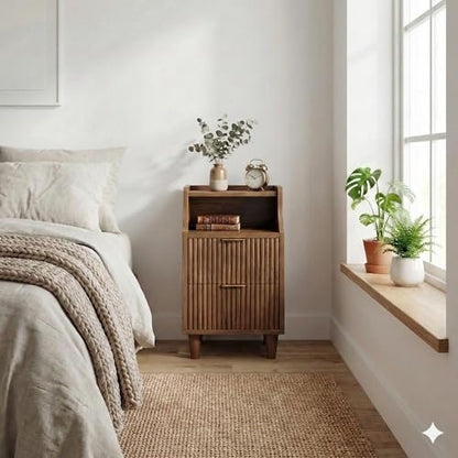 11.8" Narrow Fluted Nightstand Set of 2,Slim Side End Table with 2 Drawers,Mid-Century Modern Bedside Table,Skinny Night Stand for Bedroom, Small Space - color: Walnut