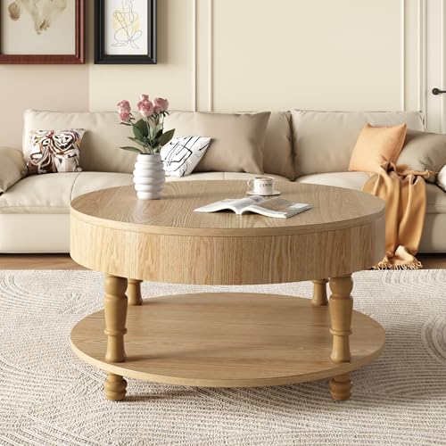 Round Wood Coffee Table for Living Room, Rustic Farmhouse Circle Coffee Tables with Storage 2-Tier Solid Wood Coffee Table for Apartment Office 31.5''Natrual - color: 2tier-natrual Rustic, size: 31.5''Round