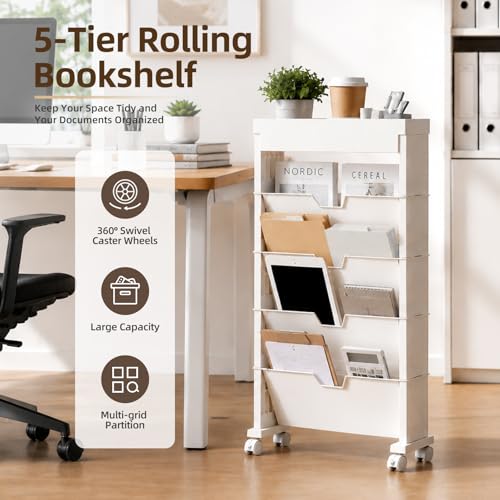 5-Tier Rolling Bookshelf, Rolling Book carts with wheels,Book Storage Rack | Utility Carts, Movable File Folder Organizer Cart for Home,Study,Office,Living Room,Classroom